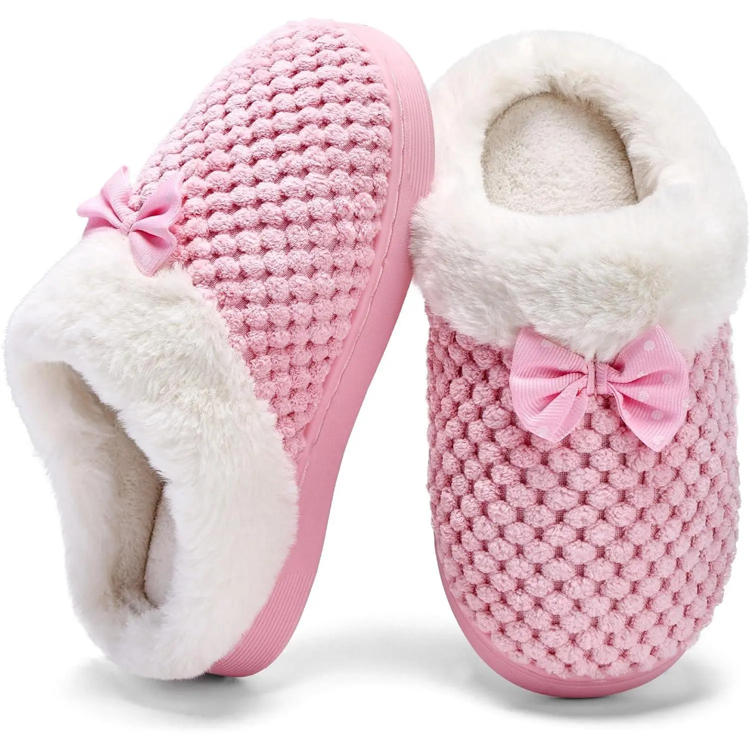 Girls' Soft Cushioned Slide Slippers - Cute Bow Plush Fleece Slip-Ons with Memory Foam, Non-Slip Sole, Warm Indoor-Outdoor House Shoes for Kids, Soft Cushioned Slippers, Warm Slippers