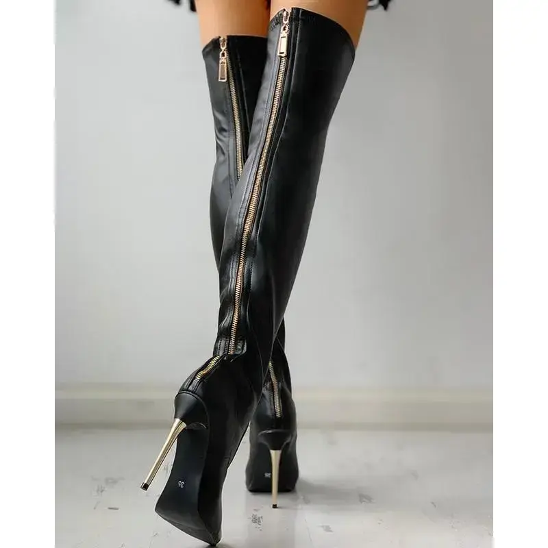 Heel Boots black solid color over knee high long boots