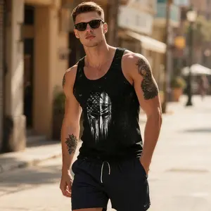 Men's Spartan Helmet Tank Top - American Flag Distressed Graphic Sleeveless Shirt