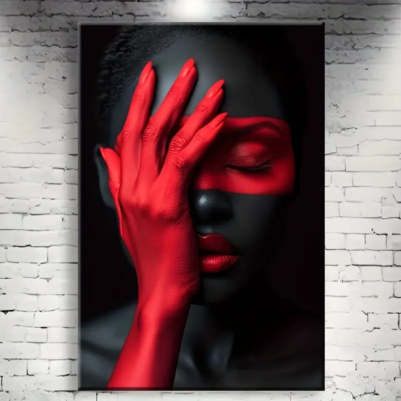 1-Piece Wood Print Wall Artwork - Crafted Modern African Woman Painting with Red Hands, Decorative Home Styling Collectible, Ready-to-Hang Living Room Gift for Friends