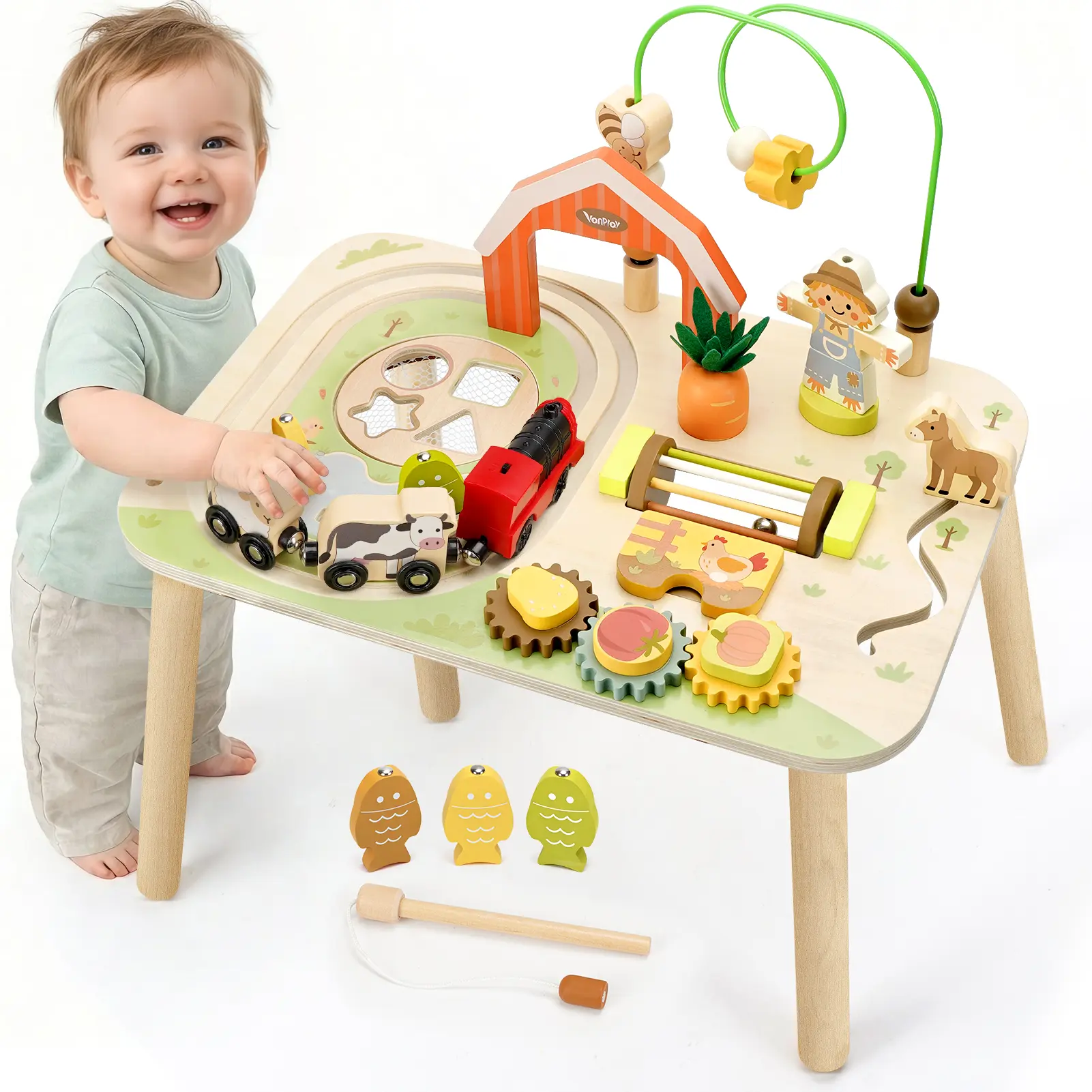 Joyreal Farm-themed Activity Table, 10 in 1 Wooden Sensory Play Table for Toddler 1-3, Montessori Toys for Toddler 1-3 Year Old, Learning Table for Baby 12M+ First Gifts