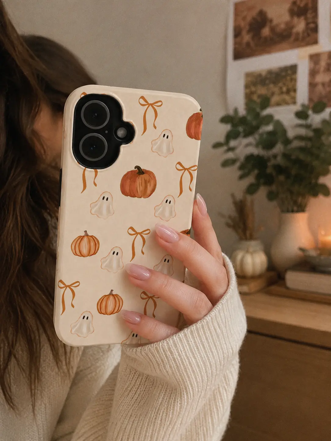 Tough Silicone Cellphone Casing with Cute Pumpkin & Ghost Patterns, Halloween Ribbon-Accent Cover for iPhone & Android Devices