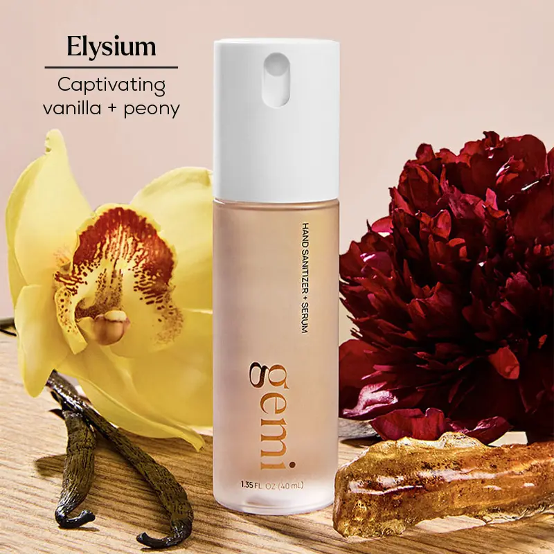 Elysium Hand Sanitizer | gemi beauty | Hand Sanitizer + Serum Spray | Elysium | Hydrating K-Beauty Formula with Centella, Vitamin B5 & Green Tea | Kills 99.9% of Germs | Amber Floral Scent with Vanilla & Peony