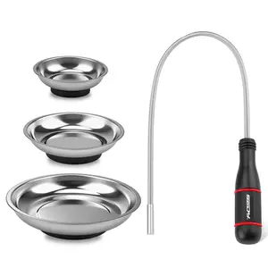 4-Piece Magnetic Trays and Pick-Up Tool Set: 20in Bendable Spring Magnet Stick with 3in, 4in, 6in Magnetic Parts Trays, Magnet Retrieving Tool for Screws, Bolts, Automotive Repair, Garage & Workshop