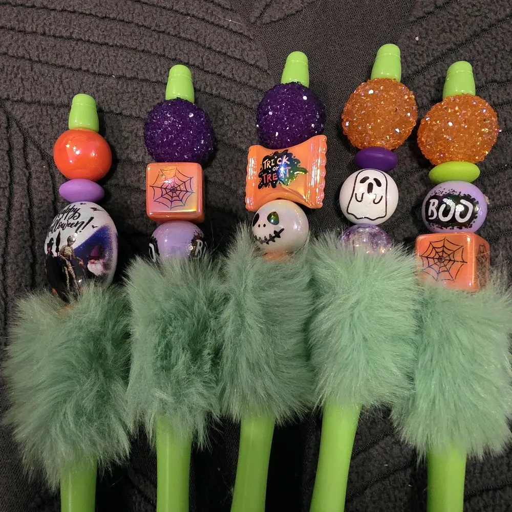 Beaded Halloween Pens with Fuzzy Green Handles and Glittery Beads for Festive Writing
