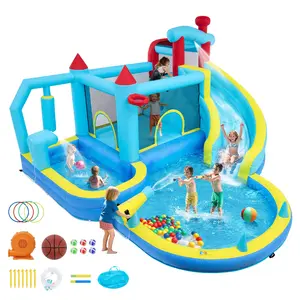 Inflatable Bounce House for Kids, Inflatable Water Slide with Blower, Climbing Wall, Jumping, Splash Pool, Basketball Hoop for Boys and Girls Indoor Outdoor Backyard