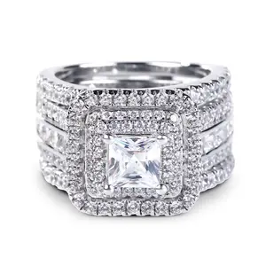 Jeulia Three Halo Princess Cut Sterling Silver Enhancer Ring Set Sterling Silver Zircon Engagement