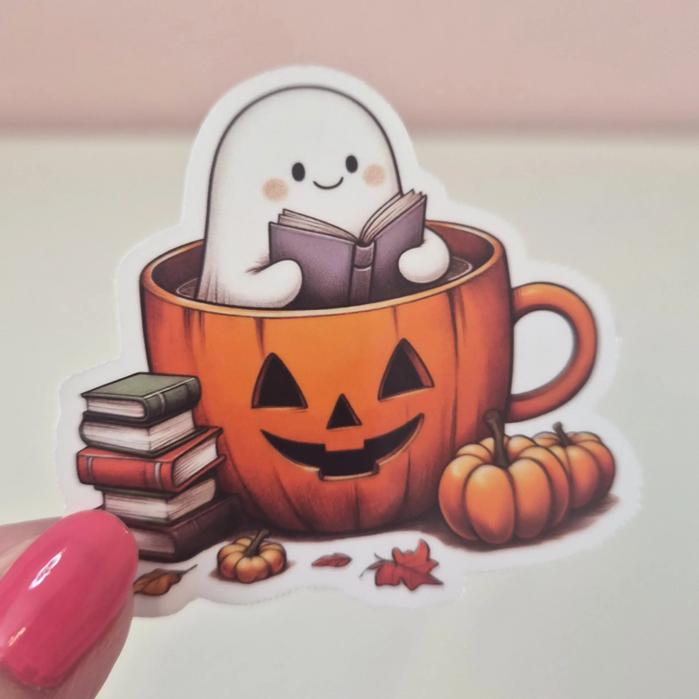 Ghost Reading Book in a Pumpkin Mug Sticker - Waterproof Glitter or Glossy Stickers Size for Kindle Book or Tablet Durable Stylish Design