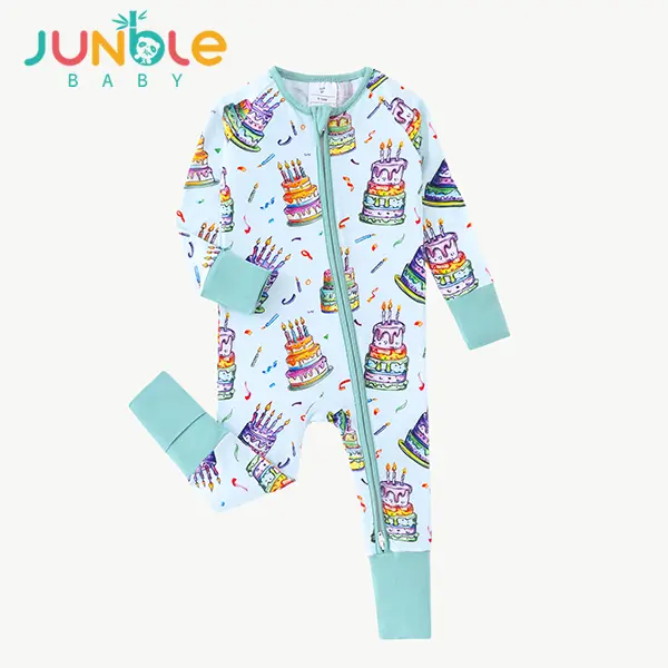 JUNBLEBABY Bamboo Blend Baby Footie Pajamas, 2-Way Zipper Romper, 1st Birthday Cake Print Regular Sleeves Onesie, Tight Convertible Footies, Basic Ultra Soft Infant Toddler Sleepwear Party Outfit, Long Sleeve, 12-18M, 6-9M, Baby Items
