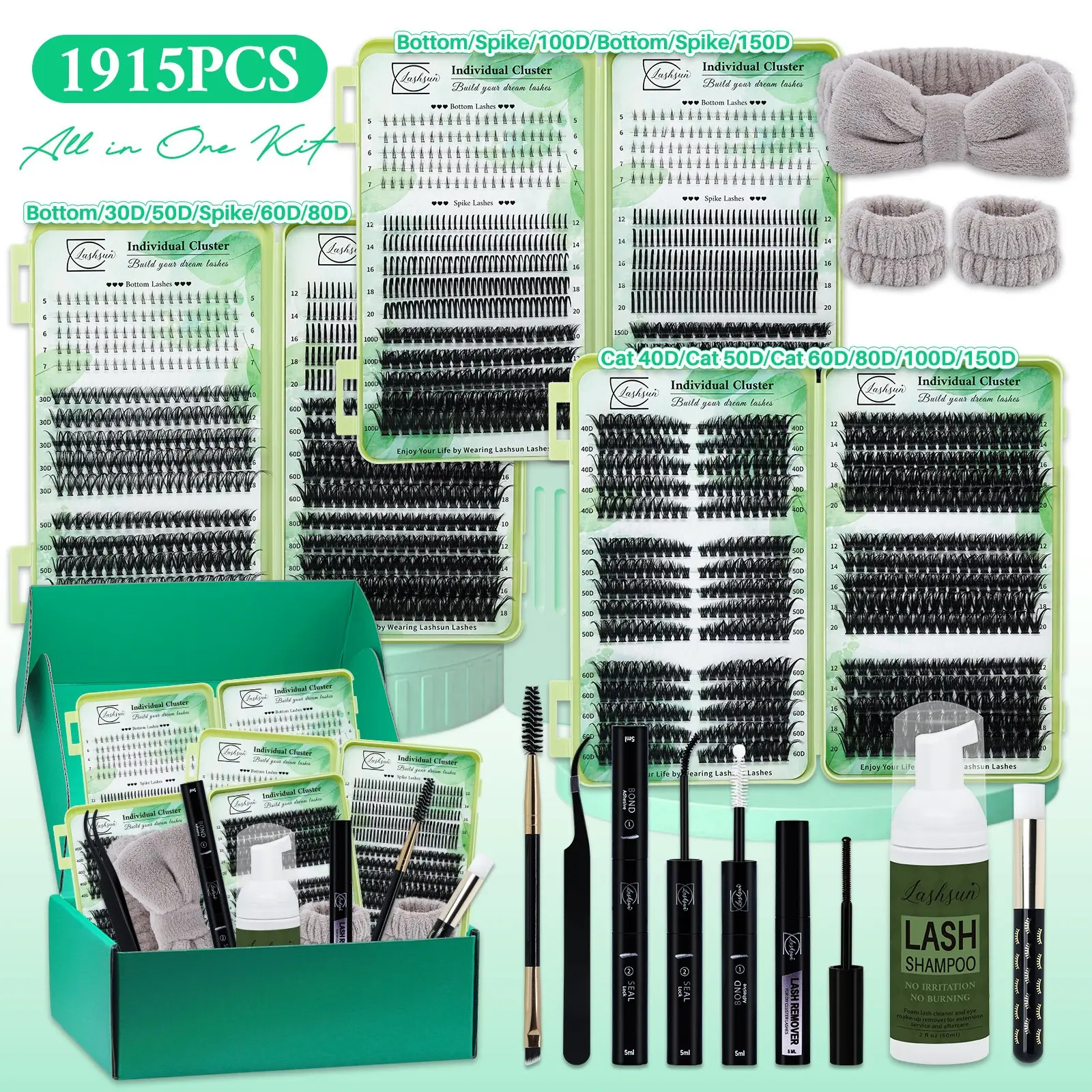 1915 Pcs Large Capacity Lash Set, Includes Lash Tools, D Curl 11 Styles Cat/Volume/Bottom Lashes with Bond&Seal Remover Brush Tweezers Headband Wristband Lash Shampoo, For Beginners&Proficient, DIY at Home, Eyelash Extensions