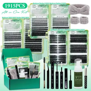1915 Pcs Large Capacity Lash Set, D Curl 11 Styles Cat/Volume/Spiky/Bottom Lashes Kit with Bond&Seal Remover Brush Tweezers Headband Wristband set Lash Shampoo, Perfect for Beginners&Proficient, DIY at Home Easily, Eyelash Extensions