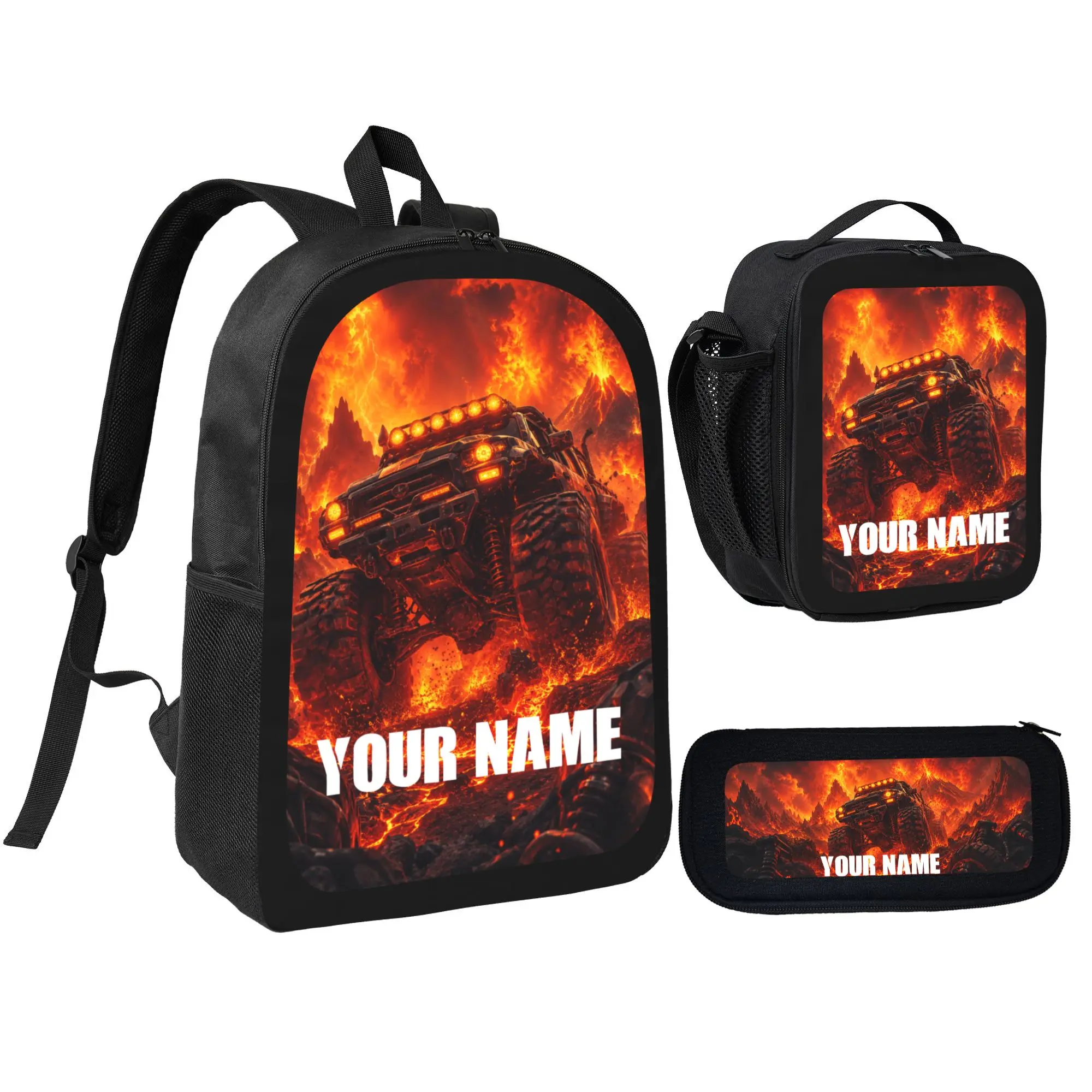 Custom Name Monster Truck Backpack Set Waterproof Polyester 3 In 1 Bookbag Lunch Box Pencil Case Fire Off-Road Car Print School Supplies For Boys Students
