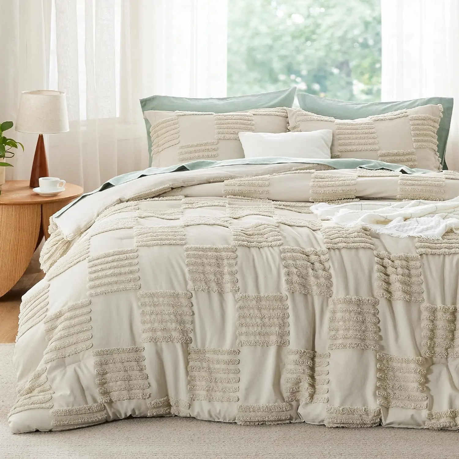 King Size Synthetic Boho Bedroom Bedding Set - 3-Piece Soft Bedding Set with Tufted Grande Checkered Plaid Geometric Comforter, 2 Pillow Shams, All Seasons Farmhouse Collection