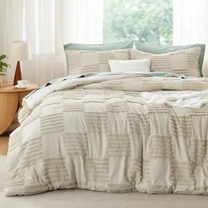 King Size Comforter Linen, Boho Tufted, Grande Checkered Farmhouse, 3, 1 Plaid Geometric Comforter and 2 Pillow Shams