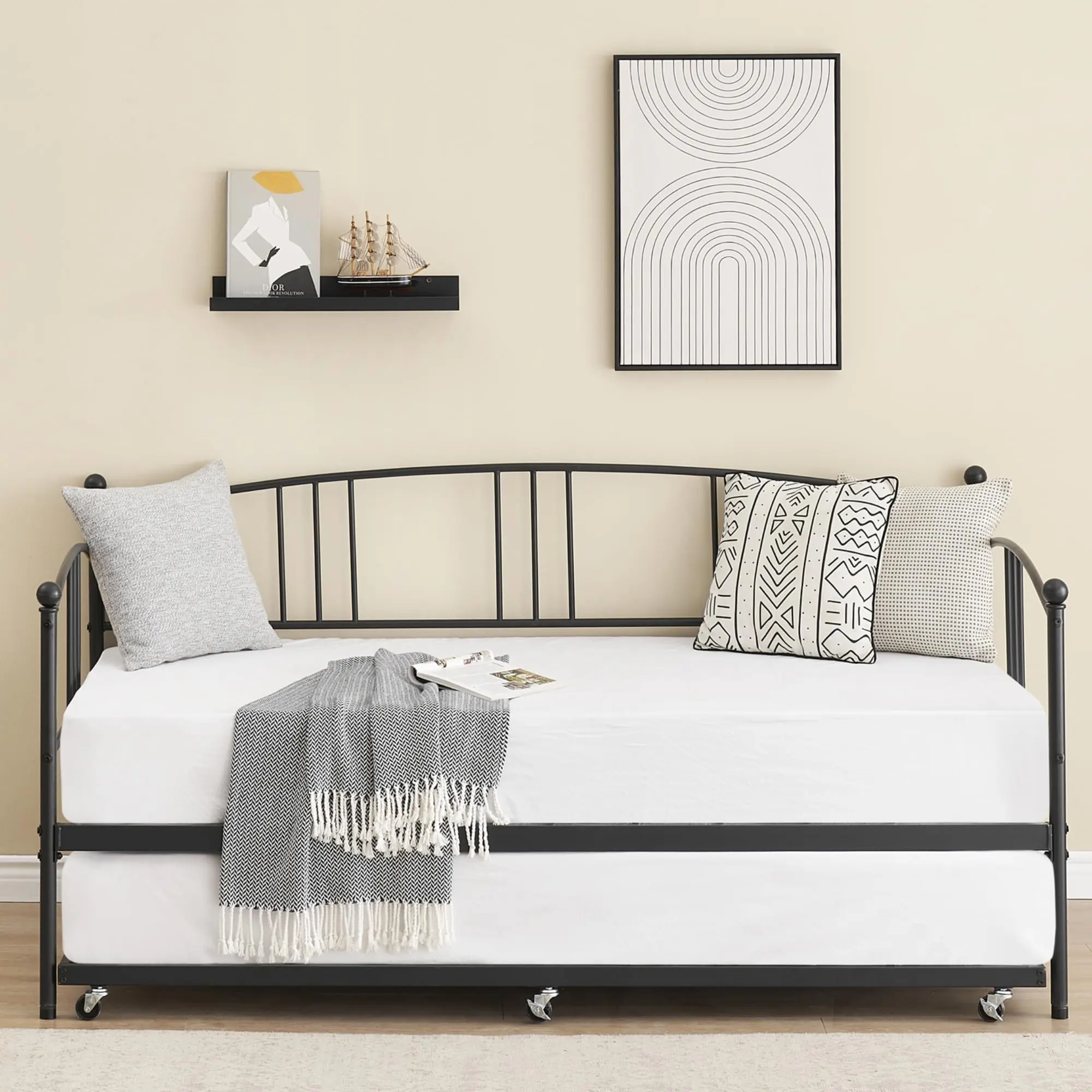 Gaomon Convertible Sleeper Bed with Twin Trundle Pull-Out Bed, Sturdy Metal Frame, Steel Slat Support, Arched Headboard, Modern Contemporary Indoor Furniture for Living Room, Bedroom, Simple Setup Required