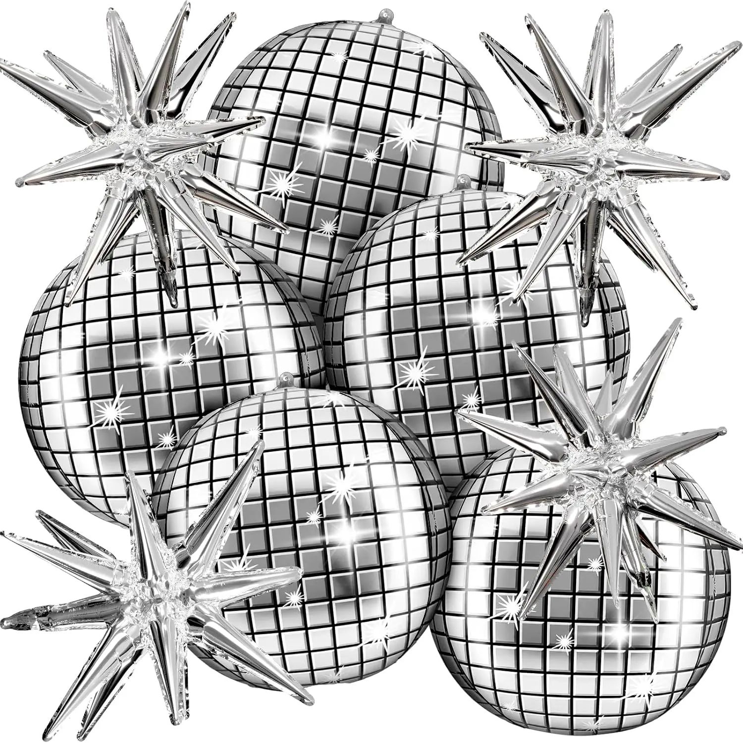 Disco Ball Balloons for 70s Disco Party Decor with Star Balloon | 9pcs, 22 Inch, large, 4D, silver, for 70s disco party, birthday, New Year, Christmas decor