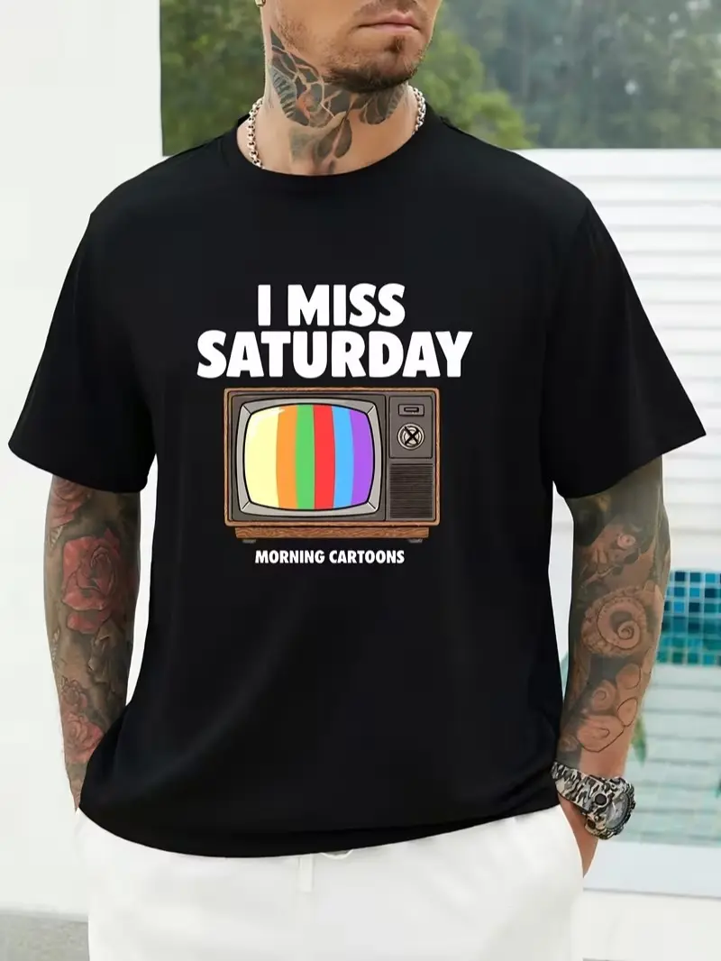 I Miss Saturday Morning Cartoons Retro Vintage TV Graphic T-Shirt, 90s Nostalgia Gift For Millennials, Cotton Short Sleeve Tee Men Women