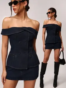 Spring Fashion One-Shoulder Denim Jumpsuit, Sweet Cool Atmosphere, Sleeveless Lace-Up Button Design, Short Plain Pattern, Women's Casual Wear