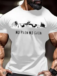 Men's Regular Fit No Pain No Gain Letter Print Round Neck Tee, Casual Short Sleeve Crew Neck T-shirt for Summer, Gym T Shirts, Fashion Men's Top for Gym Workout Running