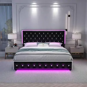 Queen Size Upholstered RGB LED  Frame  2  Drawers & 2 Side Pockets, King Size Platform  Full   Crystal Button Tufted Headboard & Solid Slats Support, Noise Free, No Box Spring Needed, Easy Assembly, PU Leather Black storage