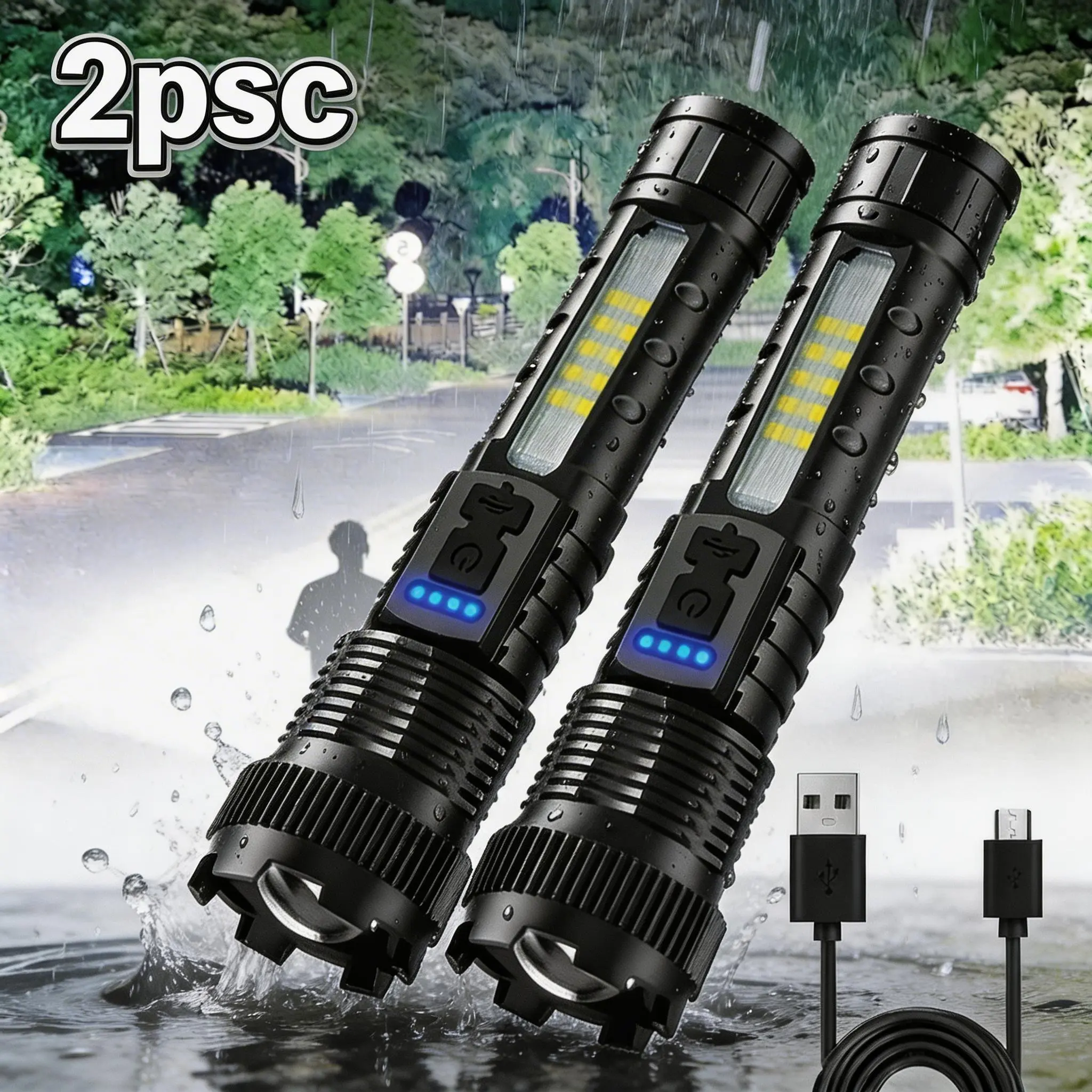 Camping & Hiking Rechargeable LED Flashlight Set (2-Piece) - Portable Tactical Accessories, 6 Modes, Zoom Function, COB Side Light for Survival, Emergencies, Hiking Gear