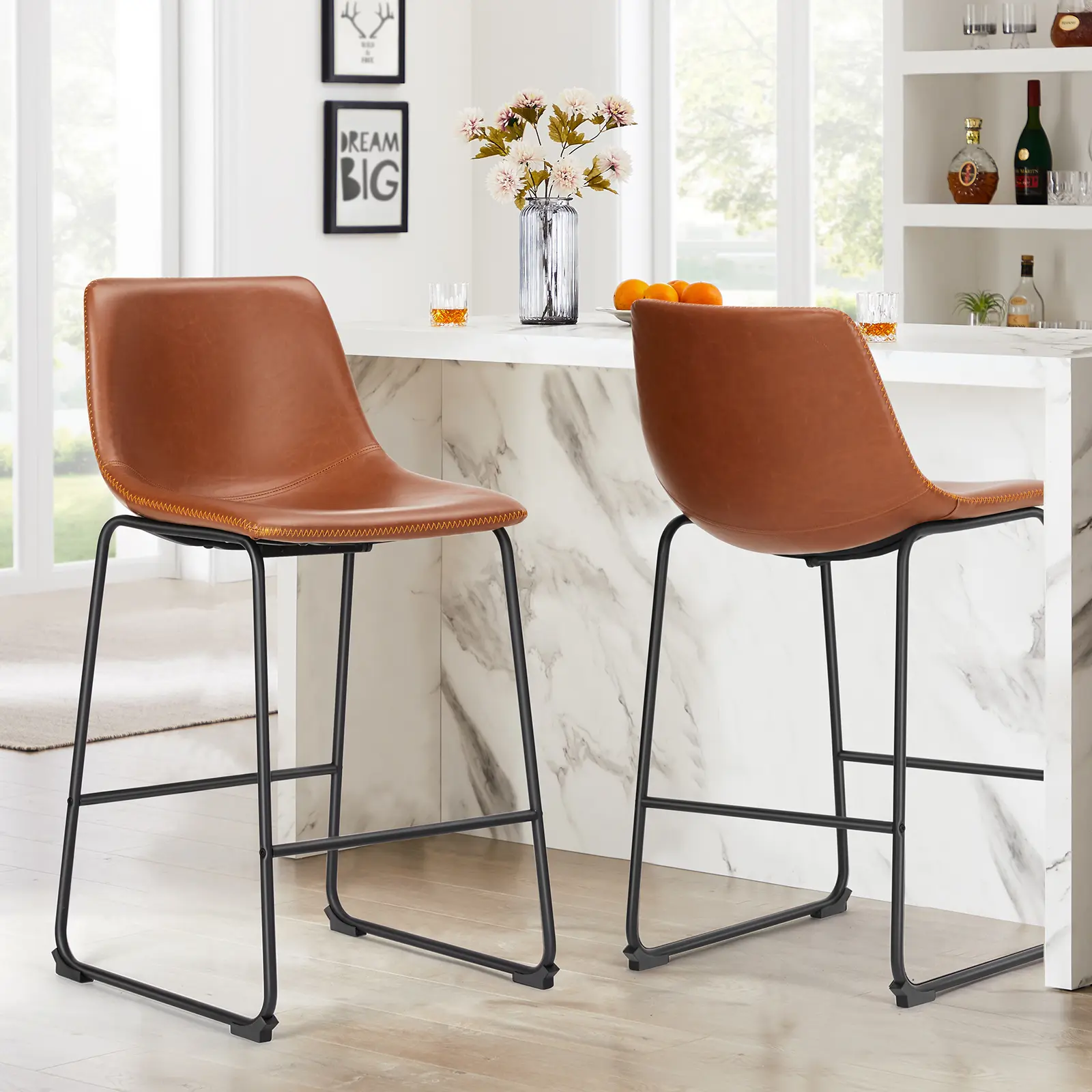 SweetFurniture 26-in Counter Height Bar Stool Set - PU Leather Modern All-Metal Kitchen Bar Stools with Footrest for Kitchen Island (Counter Height Barstools)