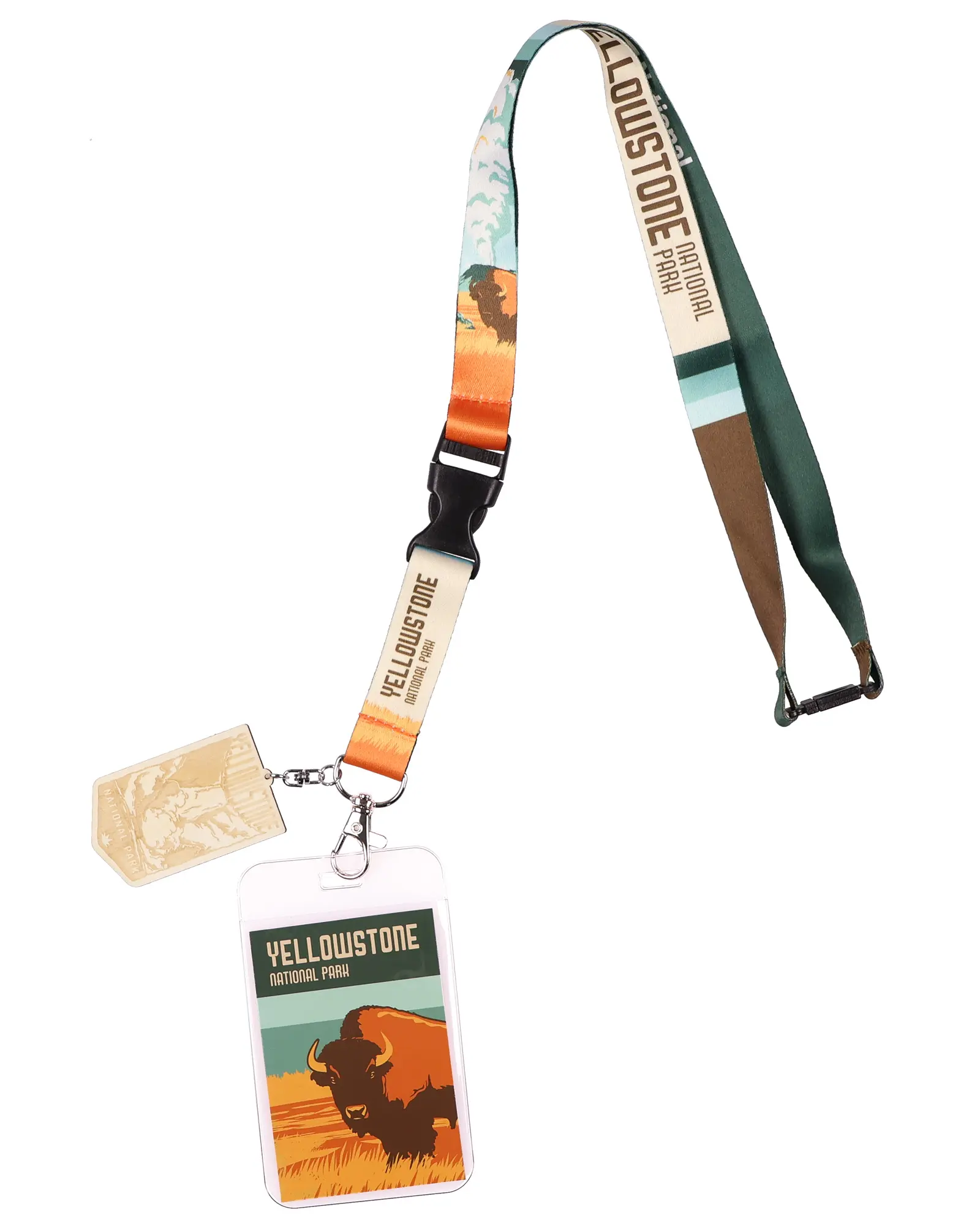 Yellowstone National Park Lanyard With Wooden Lower Falls Waterfall Charm Breakaway Clasp and Clear ID Holder Keychain