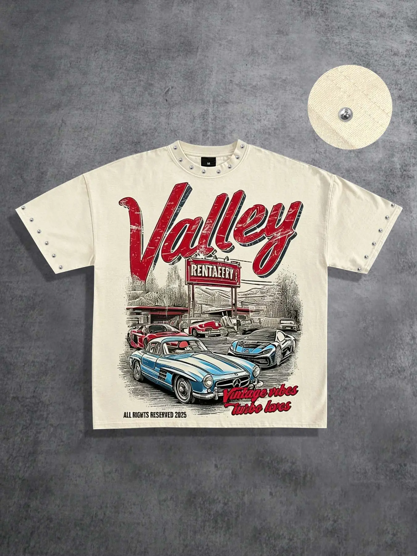 Valley cotton, Vintage Vibe men's T-shirt short sleeved American California road style car retro printed women's T-shirt, Retro sports car graffiti+metal rivet design cotton short sleeved 2026 summer clothes street style brand Streetwear Menswear