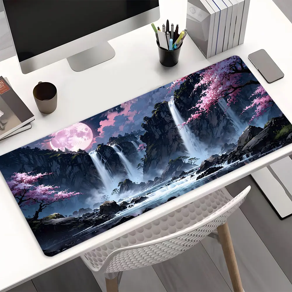 Sakura Waterfall Mountain Mouse Pad - Non Slip Rubber Large Desk Mat for Office Gaming Creative Work, Nature Lover Gift for Her, Desktop Accessory