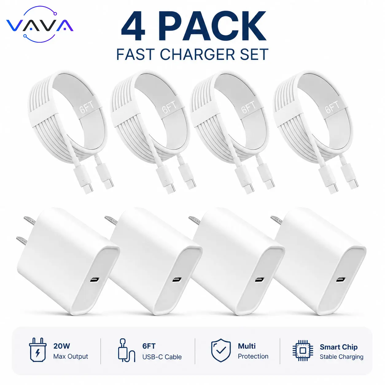 4-Pack 20W USB C Wall Charger Block with 6FT USB C to USB C Cable, PD Fast Charging Adapter Multi Ports Compatible with iPhone 17/16/15 Series, Samsung Galaxy S25/S24/S23/Ultra/Note, Pixel, iPad, AirPods and More USB C Devices