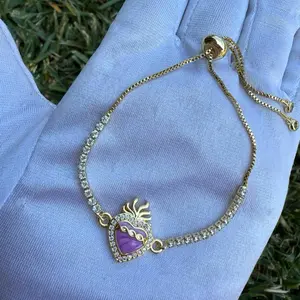 Heart Purple Bracelet Adjustable with Gold Chain and Rhinestone Accents for Women