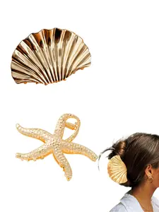 Metal starfish shell large clip set, women's bohemian style autumn casual fashion hair grab, Flat Claw Clips, suitable for vacation daily life and various occasions, Boho