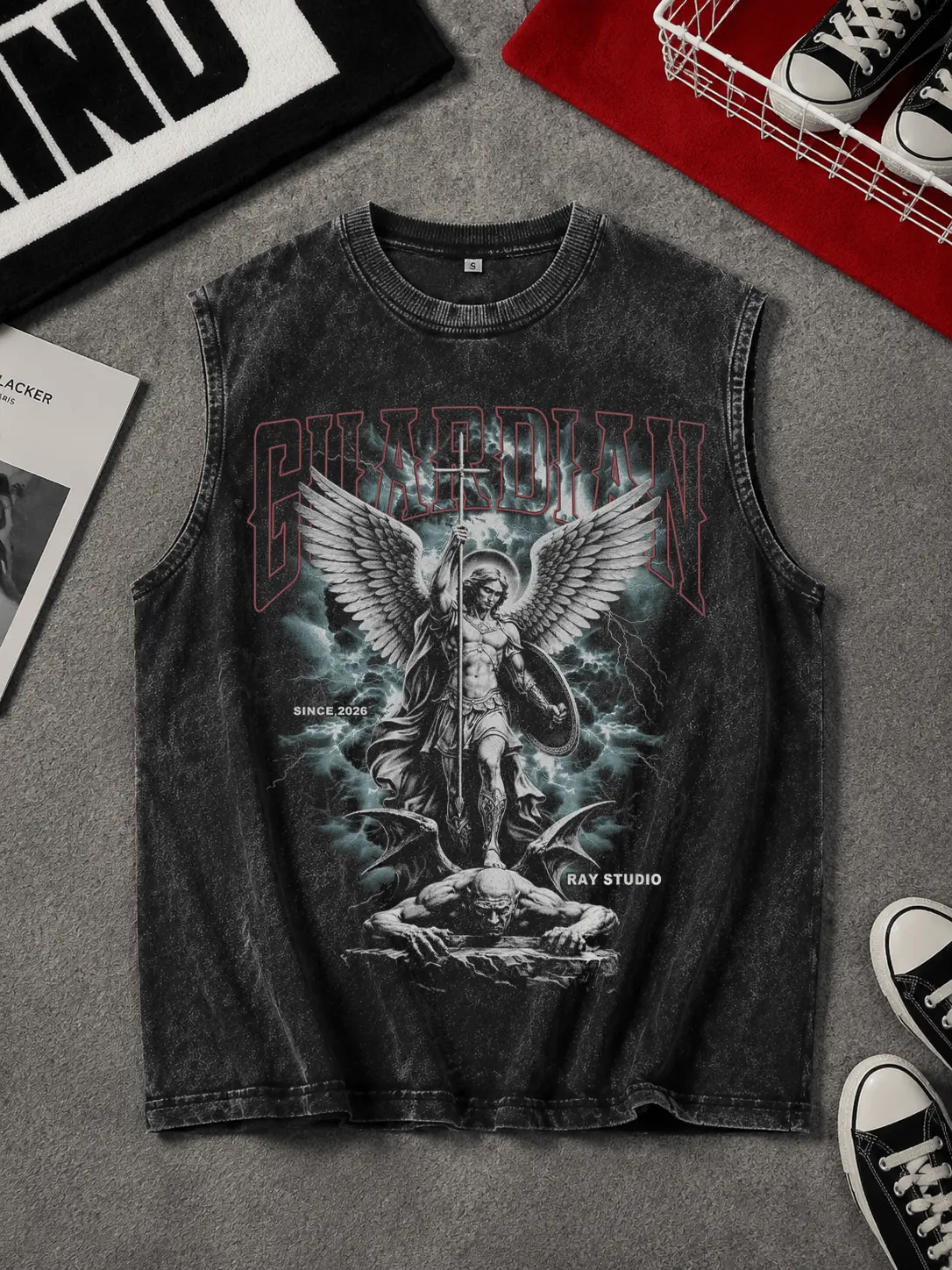 Menswear ，Christian Streetwear Style，Men's Vintage Gothic Oversized SleevelessGraphic Vest - Washed Black, Y2K Streetwear, SummerCasual Top singlets christian t-shirt
