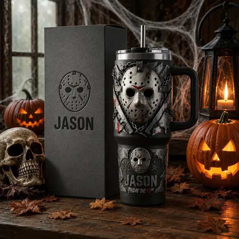 Jason Voorhees Friday the 13th 40oz Tumbler with Handle and Straw, Stainless Steel Vacuum Insulated Travel Mug, Horror Movie Halloween Cup, Reusable Drinkware, Gift for Horror Fans