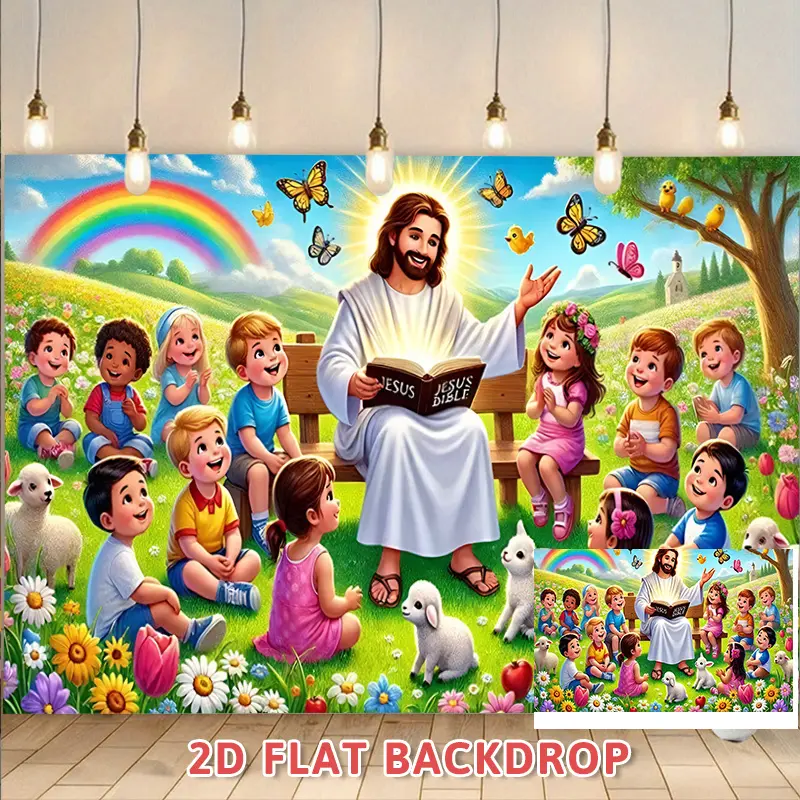 Bible Reading Children Animals Backdrop Inspirational Religious Background Cloth Faith Story Tapestry Wall Hanging Photography Background Polyester Fiber Church Family Wedding Home Event Decor Studio Prop Spiritual Scene