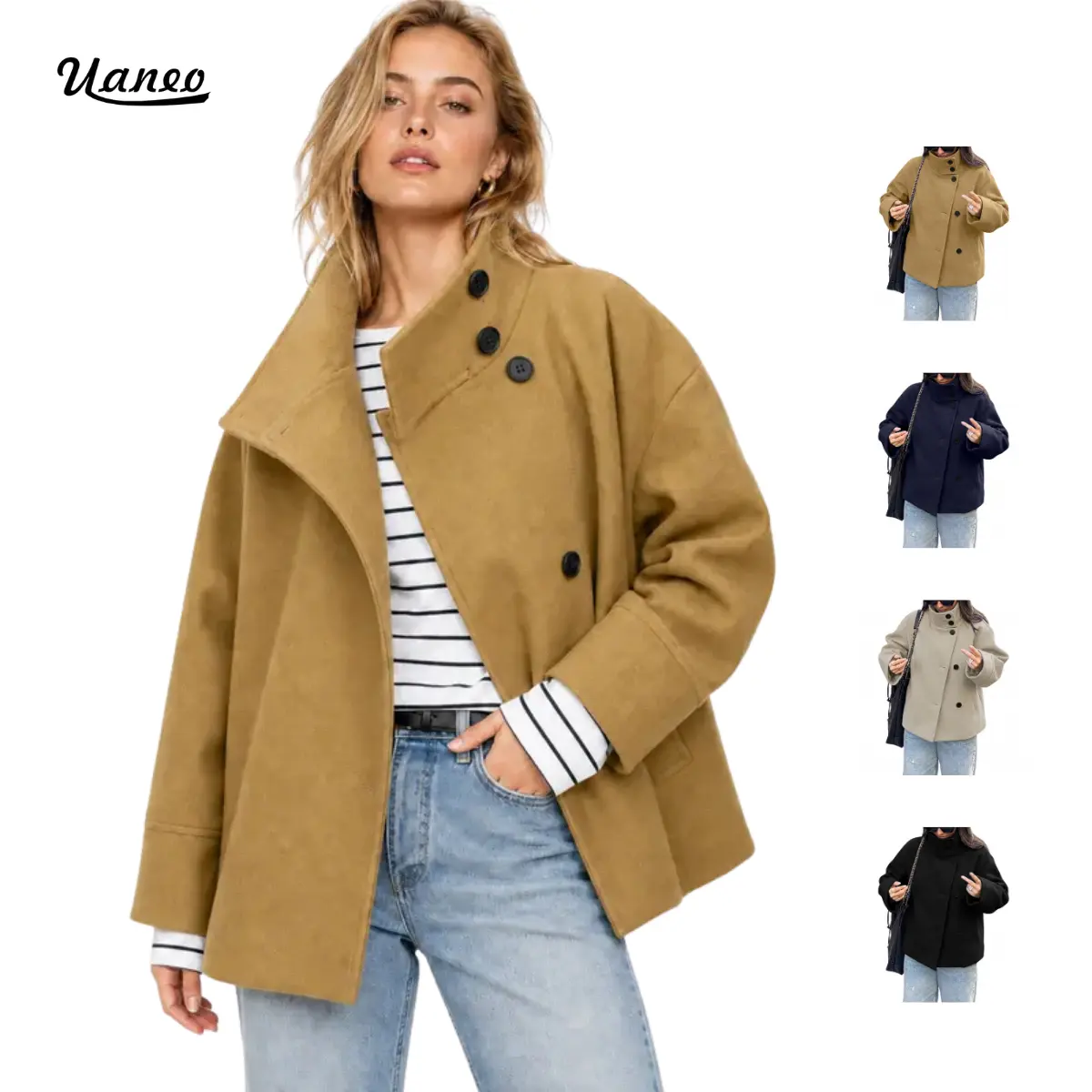 UANEO Women Oversized Stand Collar Short Wool Blend Crop Pea Coat, Fall Winter Loose Double Button Casual Short Jacket With Pockets, Womens Outerwear
