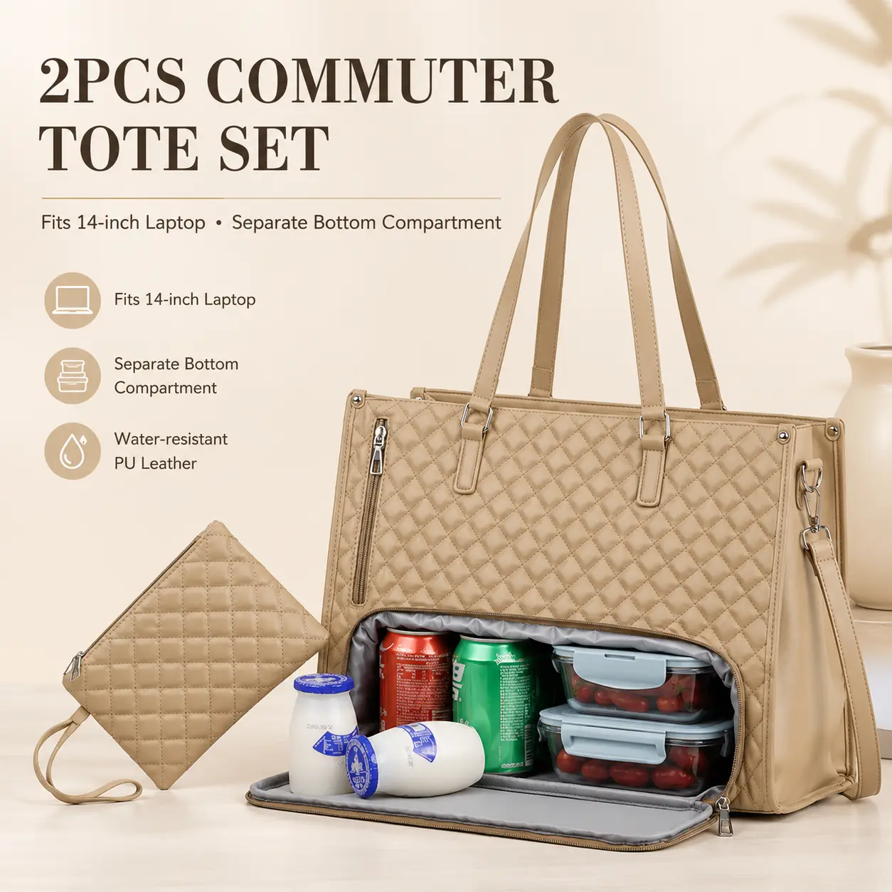 Women's Premium Quilted Leather 2-in-1 Laptop Tote with Insulated Lunch Compartment, Matching Pouch, Shoulder Strap - Work Bags for Women, Professional Office Commuter Carryall