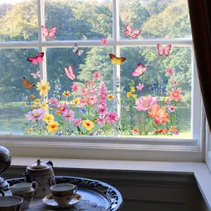 A new-style colored flower and butterfly spring static Decorative sticker (30*60cm) with double-sided visibility, 20 filaments, for background decoration and window display (D16011)