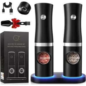 Electric Salt and Pepper Grinder Set of 2, Automatic Salt Pepper Grinder Mill with Rechargeable Base LED light, Adjustable Coarseness,One-handed Operation, Refillable Spice Mill Shakers