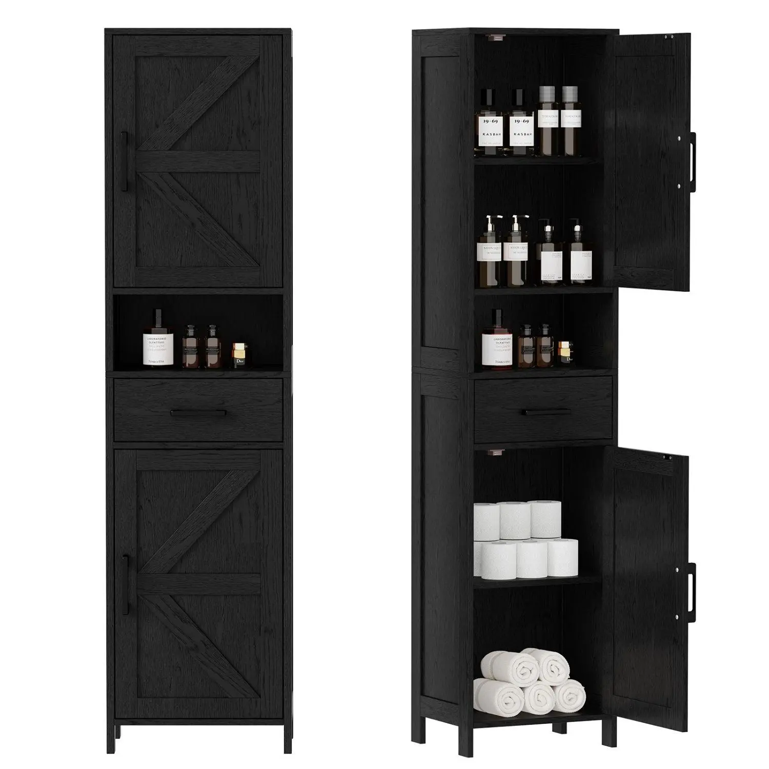 67" Tall Bathroom Storage Cabinet with 2 Barn Doors and 1 Drawer, Narrow Floor Cabinet with Adjustable Shelves for Living Room Entryway