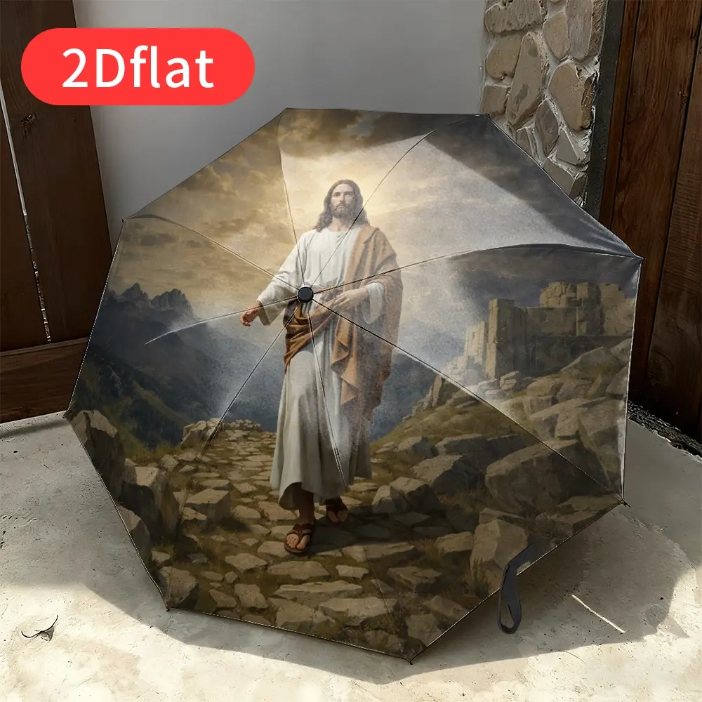 Jesus-style automatic folding umbrella – portable, travel-friendly, decorative holiday gift; compact automatic sun umbrella for women; large, premium-quality foldable umbrella; portable outdoor decorative umbrella;