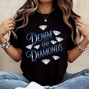 Denim And Diamonds Print T Shirt  Casual Loose Fit For Everyday Wear And Leisure Activities