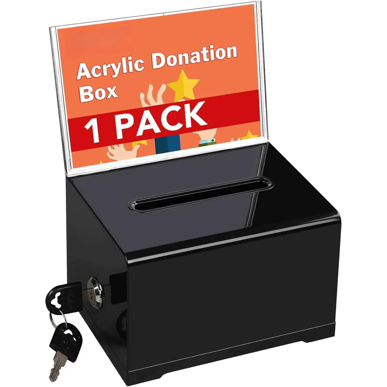 Donation Box with Lock, Black Tip Jar with Sign Holder, Suggestion Box for Fundraising, Donation, Bar, School Voting, 6.2x4.6x3.9 Inch