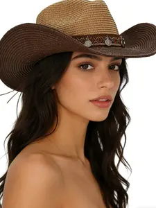 Western Cowboy Hat with Coin Decoration, Cowboy Style Hat, Beach Straw Hat, Bohemian Jazz Hat, Panama Sunshade Cap, Summer Work Hat, Cycling Fishing Hat