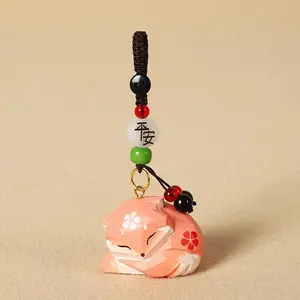 Cute Handmade Wooden Fox Keychain with Cherry Blossom Pattern, Beaded Strap Hanging Charm, Decorative Car and Bag Accessory Gift for Family & Friends
