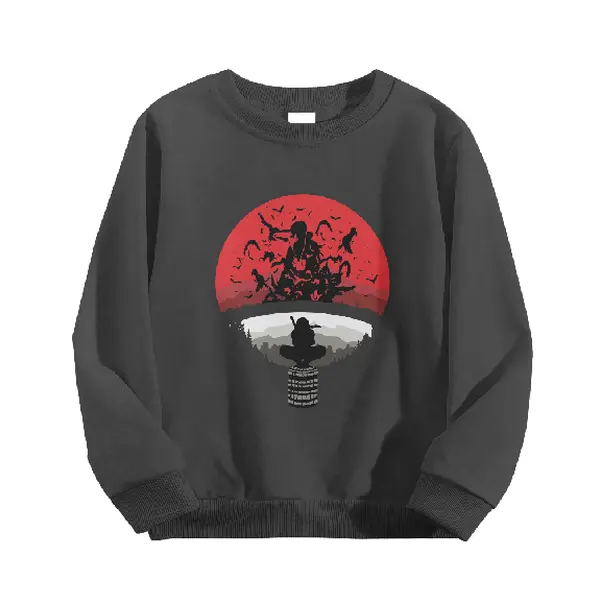 Anime Ninja Red Moon Silhouette Graphic Crewneck Sweatshirt Retro Manga Character Print Long Sleeve Pullover Top Fan Merch For Teens Womenswear Hoodie