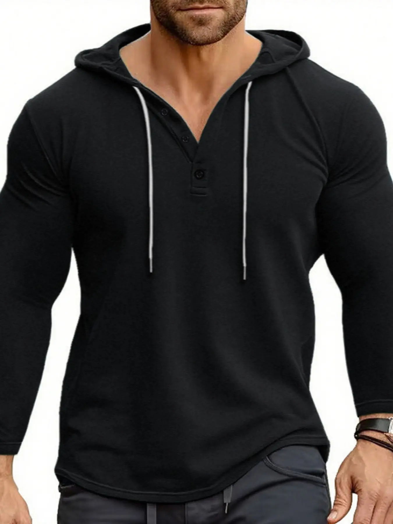 Men's Slim Fit Hooded Henley Shirt, Long Sleeve Casual Pullover Sweatshirts with Button Placket & Drawstring Hood, Soft Stretch Top for Gym, Streetwear & Daily Wear, Casual Streetwear Hoodie, Casual Fitted Hoodie, Street Fashion Hoodie, Menswear