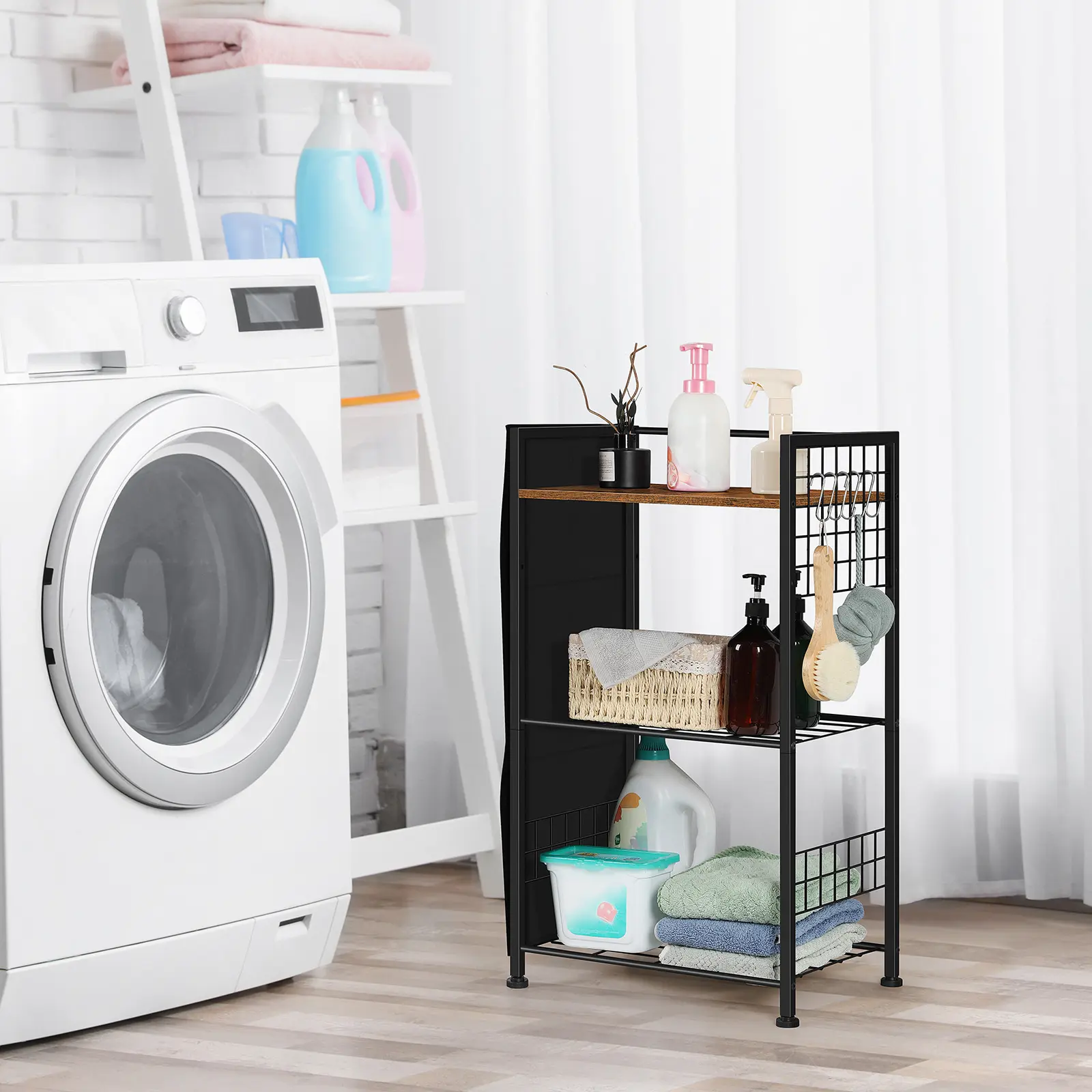 Bathroom Shelves Storage Oragnizer with Side Storage Bag and Hooks, Freestanding Storage Shelves, 3-Tier Bathroom Shelf with Fences, Corner Open Floor Shelves