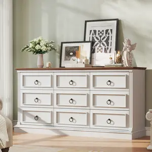 Farmhouse 9 Drawer Dresser for Bedroom, 60" Wide Chest of Drawers with Roman Column, White Wood Dresser with Antique Bronze Circle Handles, Storage Organizer for Living Room, Hallway, Entryway