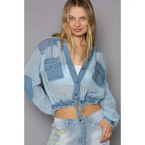 POL See Through Button Down Hoodie Top- Baby Blue, Women's